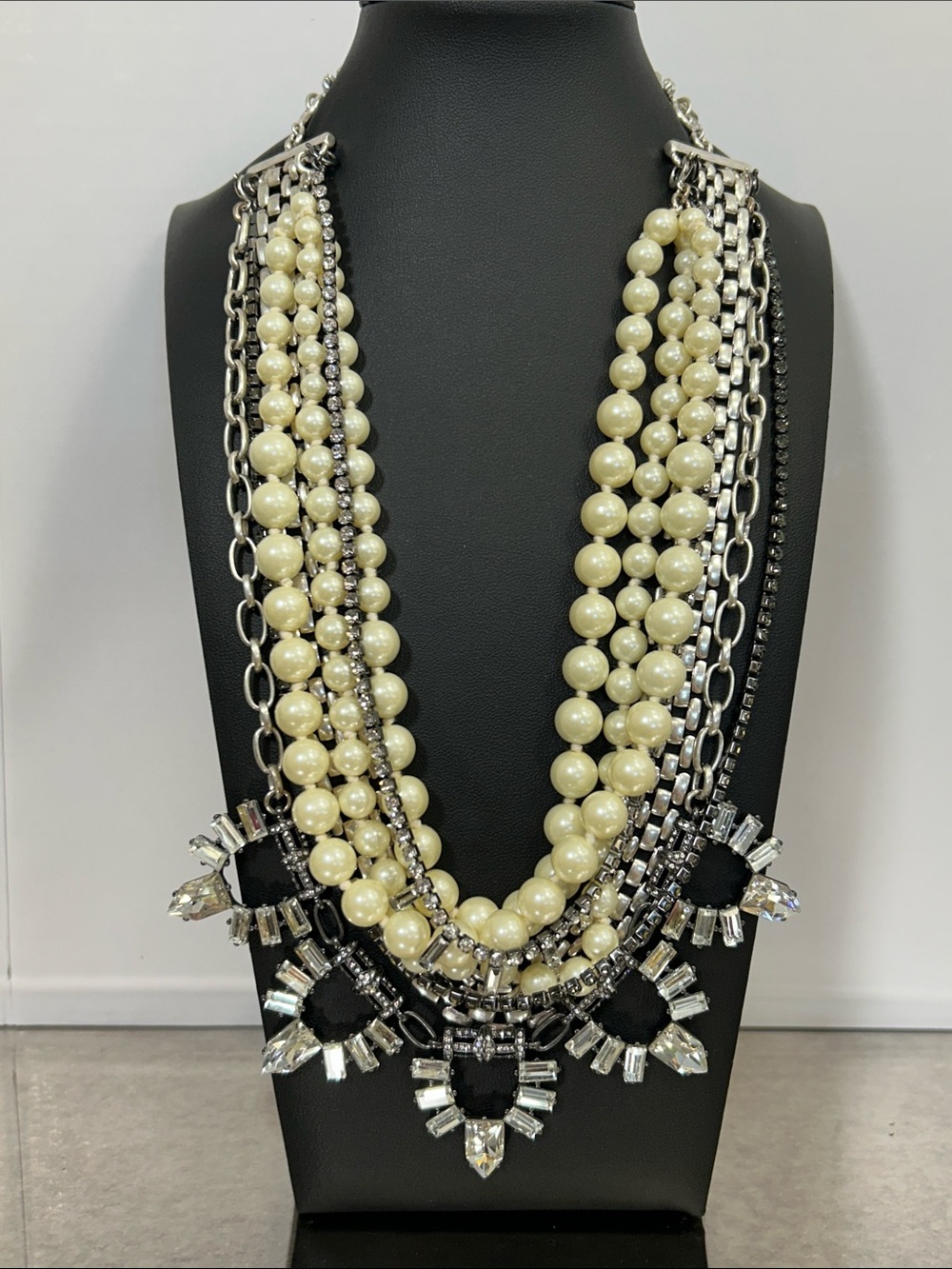 Stella & Dot Ivory Pearl and Silver Crystal Multi-Strand Necklace